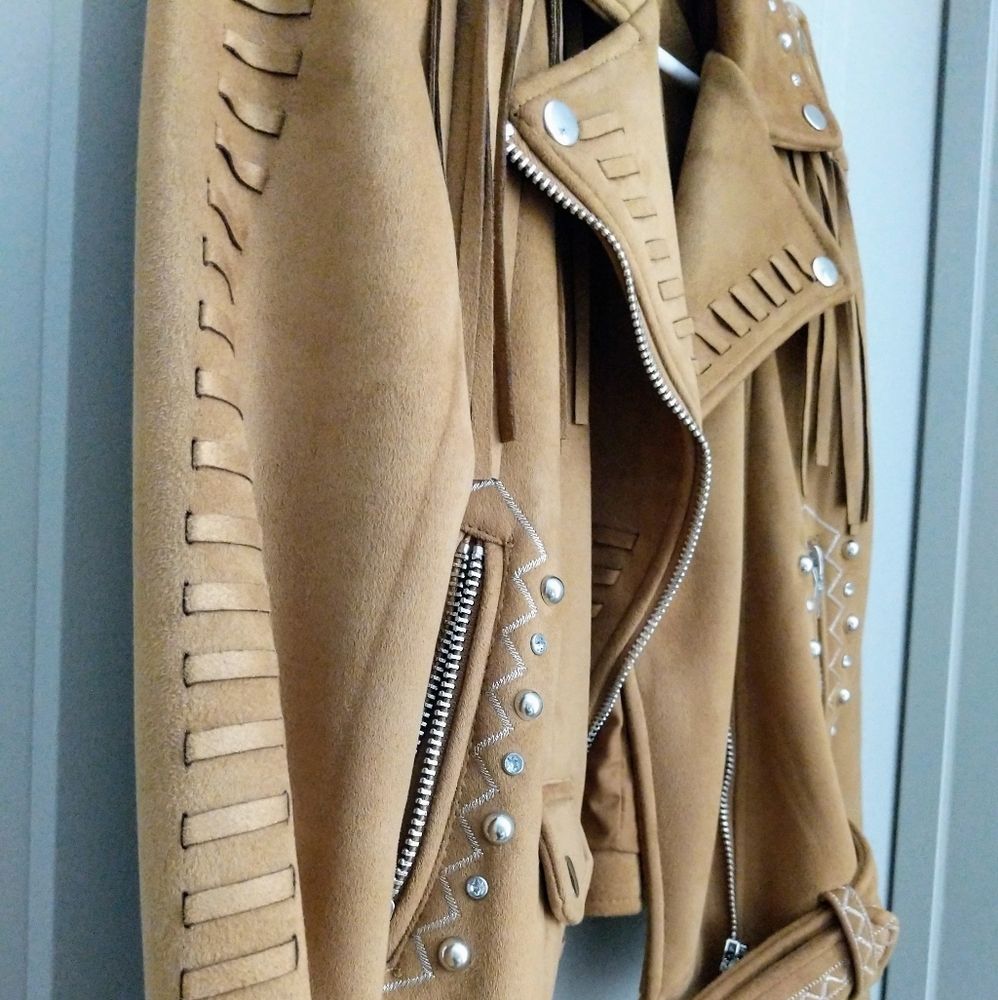 Zara Faux Suede Southwest Studded Moto Jacket L - Picture 6 of 8